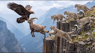 Altai Ibex Trapped Between a Golden Eagle and Snow Leopard