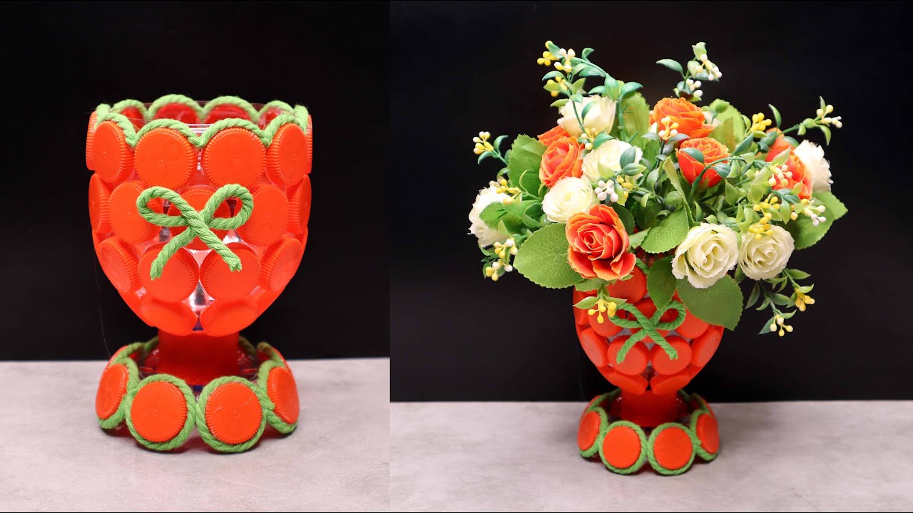 Ide kreatif vas bunga dari TUTUP BOTOL plastik bekas ! | Plastic bottle caps flower vase idea