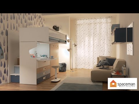 Spaceman Slide kids loft bed with wardrobe, drawers and retractable study desk