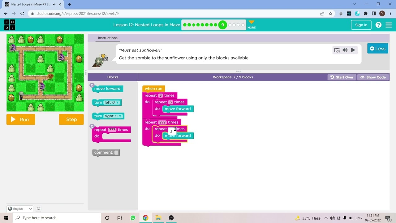 L12 9 Code Express 2021 Lesson 12 Nested Loops In Maze Level 9 YouTube