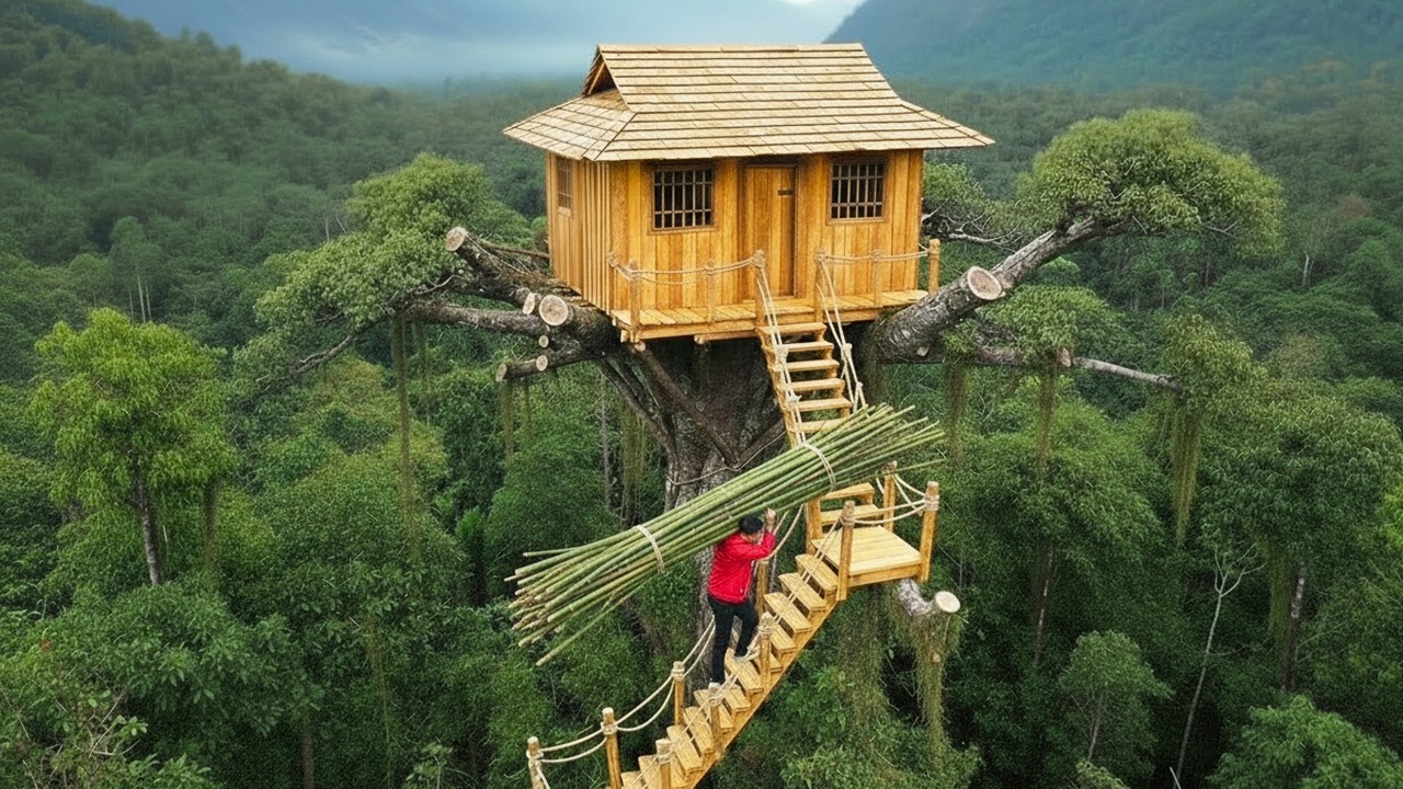 Bushcraft Build Giant Tree House 🌳 | Carrying Bamboo Up the Mountain Forest