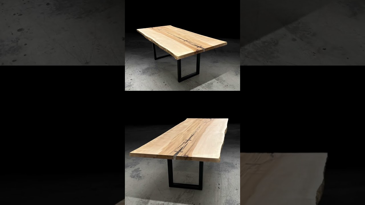 Live edge maple table featuring walnut Dutchman joints 