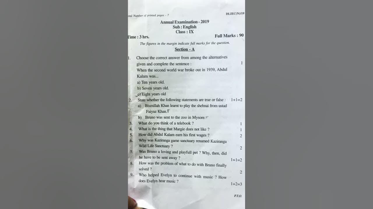 SEBA/ class 9 annual paper 2019