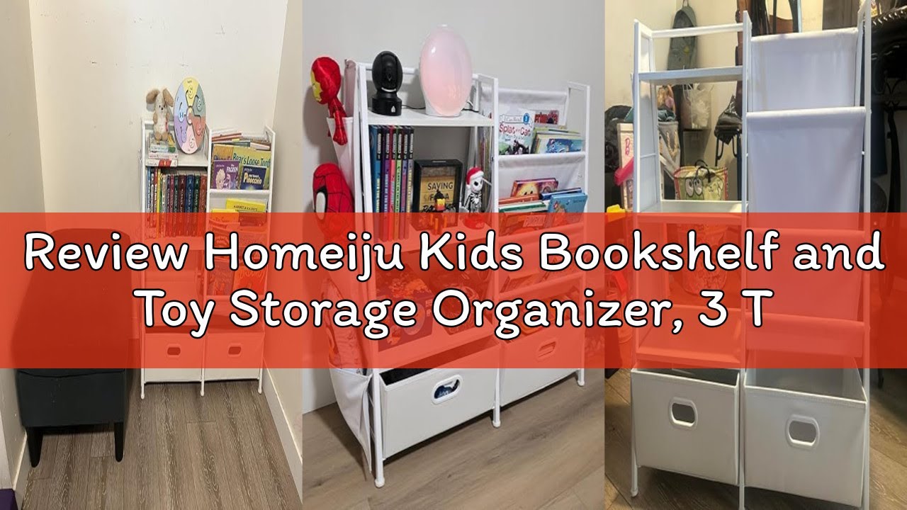 Review Homeiju Kids Bookshelf and Toy Storage Organizer, 3 Tier Kids Bookcase, Sling Bookshelf and 2