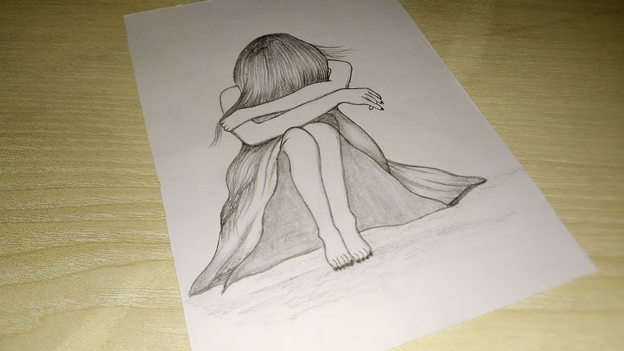 Sad Girl Sitting Alone Pencil Sketch Drawing || Easy Drawing Step ...