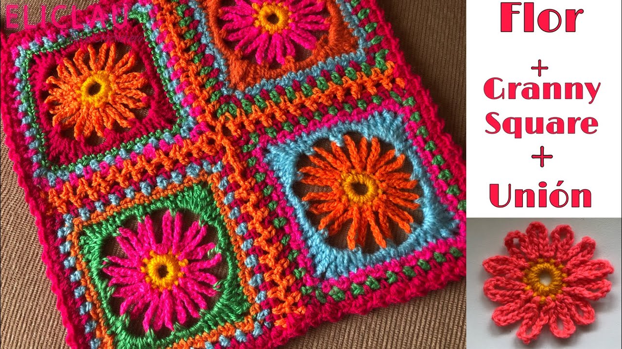 CÓMO hacer un GRANNY SQUARE con FLOR CENTRAL + UNIÓN  Paso a Paso a Crochet | EliClau