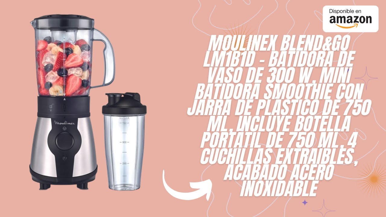 Moulinex Blend&Go LM1B1D 300W Blender, Smoothie Blender with 750ml Plastic Jug, Includes 750ml Portable Bottle, 4 Removable Blades, Stainless Steel Finishes