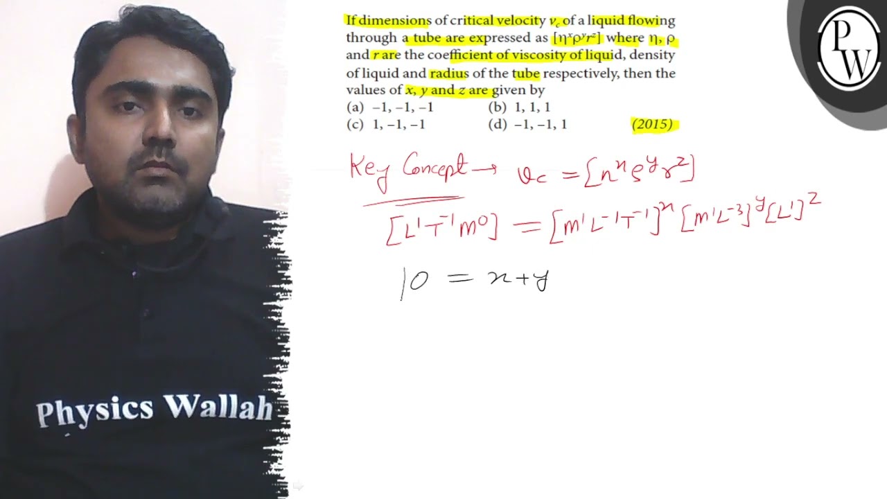 If dimensions of critical velocity \( v_{c} \) of a liquid flowing ...