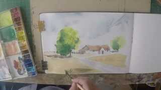 Simple watercolour cottage and tree demo. Step by Step how to paint a simple watercolour