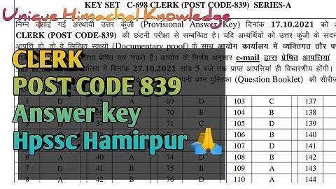 Clerk Post Code 839 Answer Key Hpssc Hamirpur 🔥🔥
