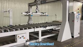 Automatic loading system with edges trimming and sanding process before PUR laminating