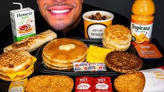 ASMR MCDONALD'S TACO BELL BIG BREAKFAST WITH HOTCAKES HASH BROWNS MCGRIDDLE MUKBANG