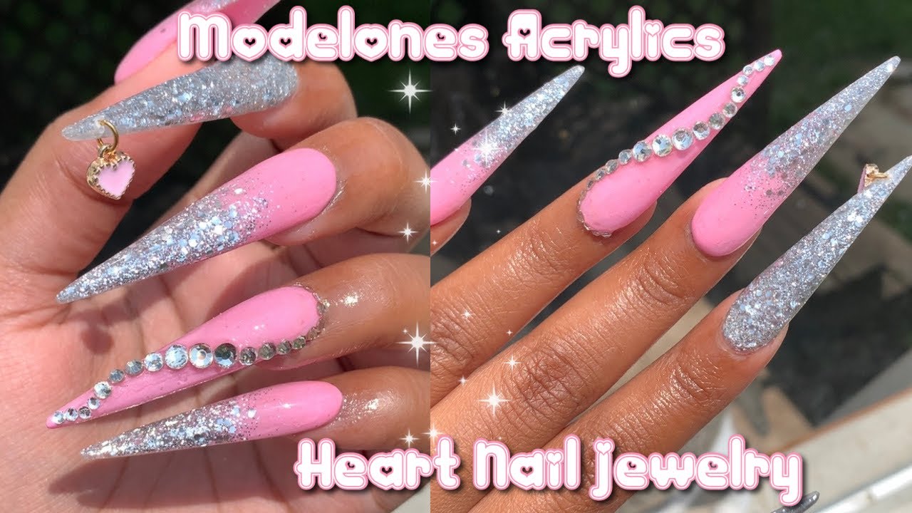 XL Stiletto Glitter Ombré | Modelones Acrylics | Heart Nail Jewelry Charm