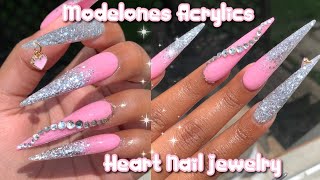 XL Stiletto Glitter Ombré | Modelones Acrylics | Heart Nail Jewelry Charm
