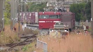 JR貨物　ED76 1021形　機関車が牽引する。大型コンテナ多数積載  鹿児島駅　撮影日2023 12 4