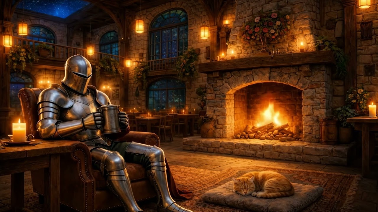 Study in the Grand Library | Medieval LoFi Mix 70 BPM Cozy Fireplace Lute and Harp Relax Focus Sleep