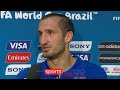 Giorgio chiellini after being bitten by luis suarez at the 2014 world cup