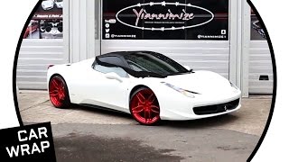 This white ferrari 458 spider from selective car hire had the roof,
wing mirrors, front splitter and bumper wrapped in satin black, lights
windows ...