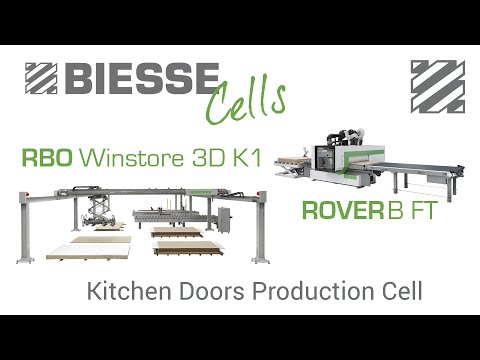 Biesse Systems Solution for Kitchen doors automatic production.The board is automatically sorted by the optimizer and loaded on the machine by the Winstore 3...
