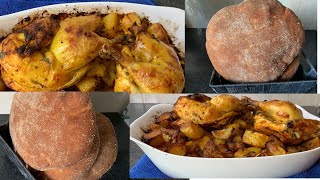 POULET AVEC DES POMMES DE TERRE AU FOUR,  دجاج بالبطاطس المخبوزة et un délicieux pain marocain