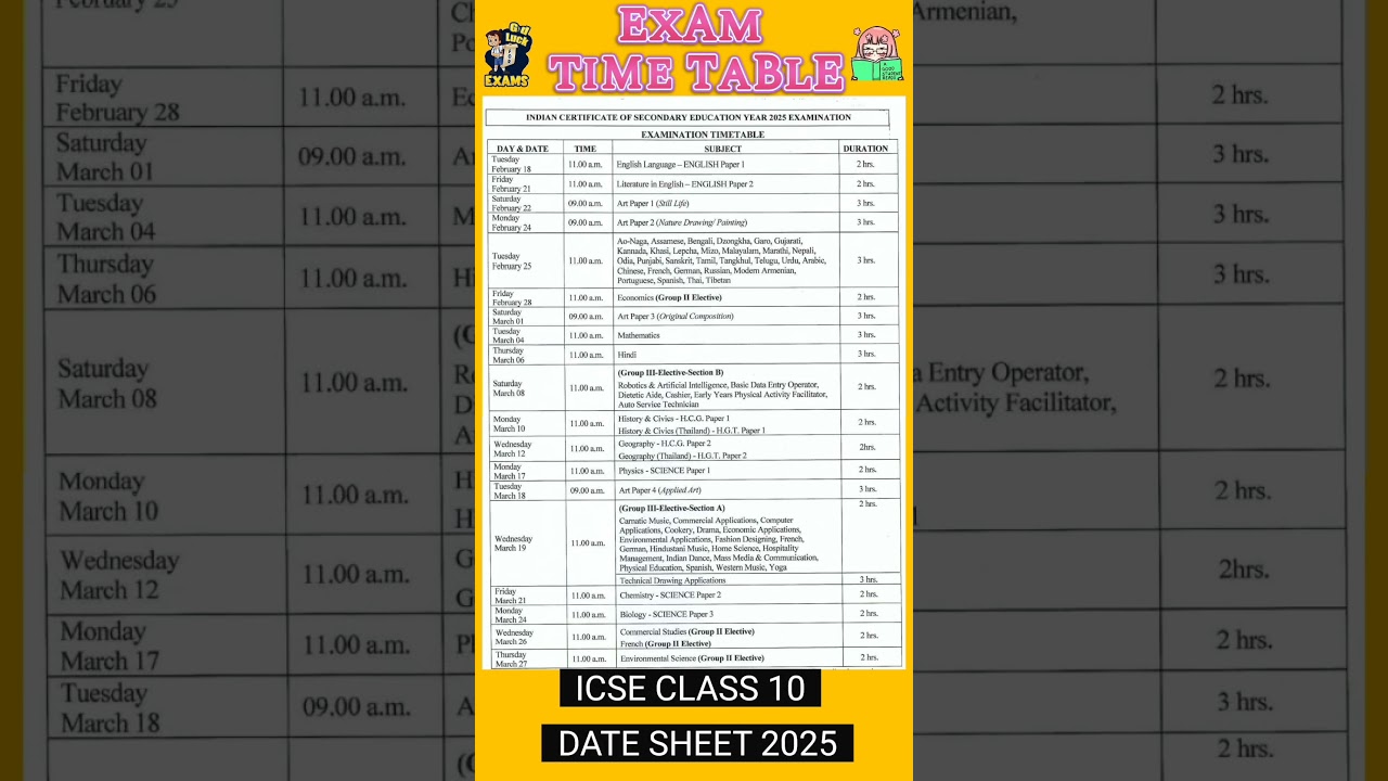 ICSE CLASS 10 DATE SHEET 2025 | TIME TABLE 2025 EXAM Released