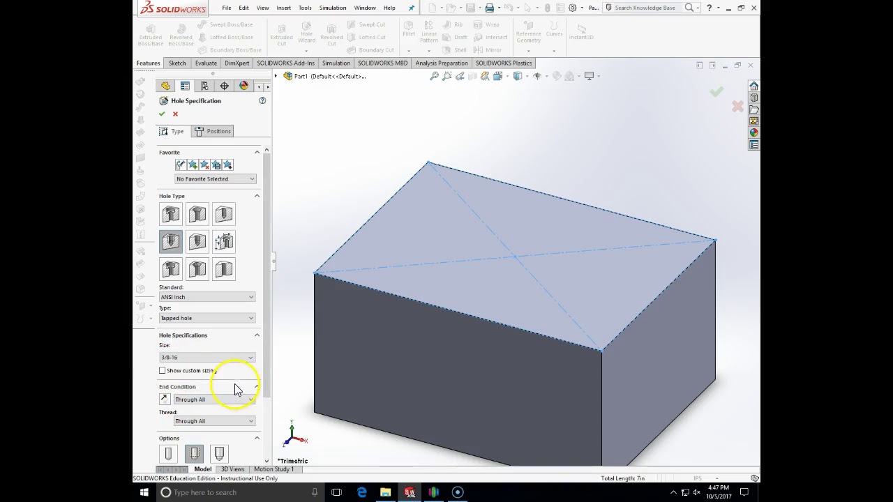 ENGT131 making threaded hole with holewizard in SolidWorks YouTube