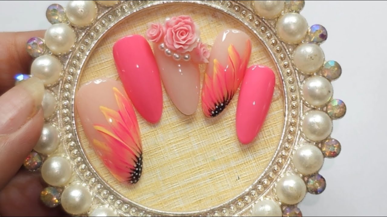 hand painted floral nail art design