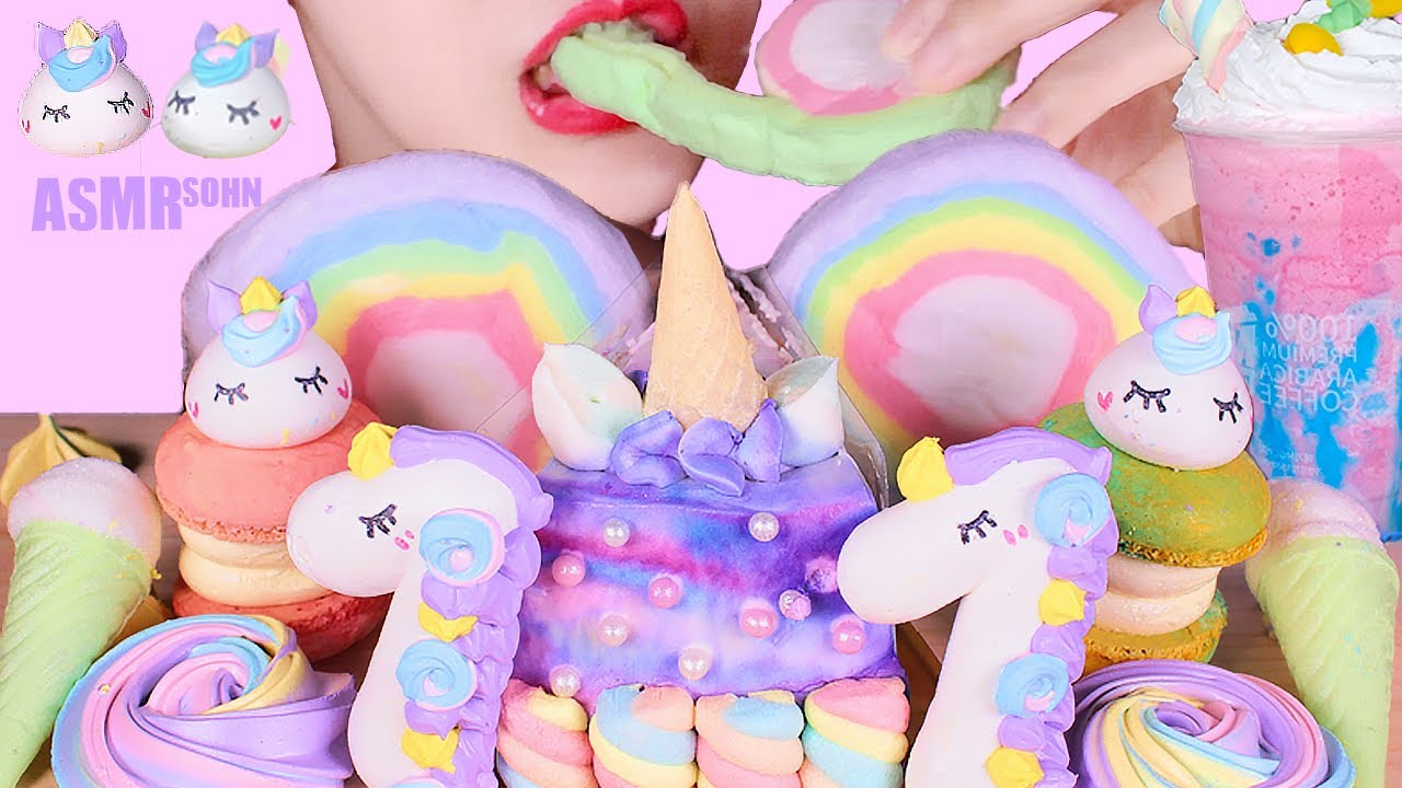 ASMR UNICORN WORLD, 신비한 유니콘 디저트 먹방,COTTON CANDY, MACARONS, CAKE, EATING SOUND, MUKBANG SHOW,머랭쿠키,마카롱
