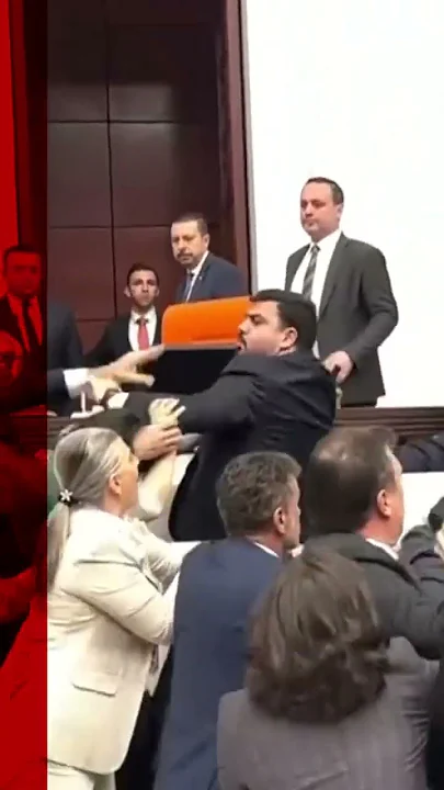 A brawl erupted in the parliament over the status of a jailed opposition figure. #Turkey #BBCNews