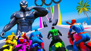 Motorcycles Bicycles ATV Car with Spiderman and Heroes! Parcour Challenge on the Mega Ramp GTA 5 MOD