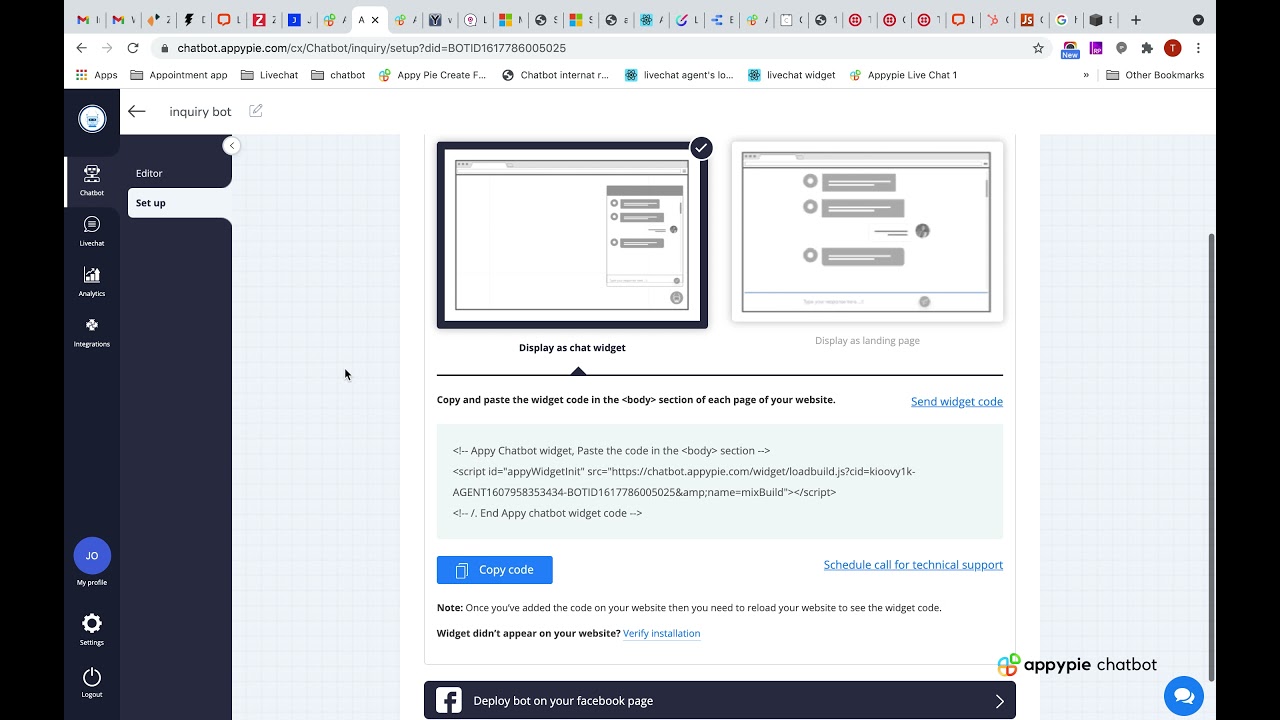 How to deploy Appy Pie chatbot's widget in Squarespace website?