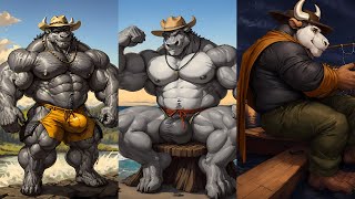 [AI FURRY ART] anthro, furry, bull, fishing outfit, river, male