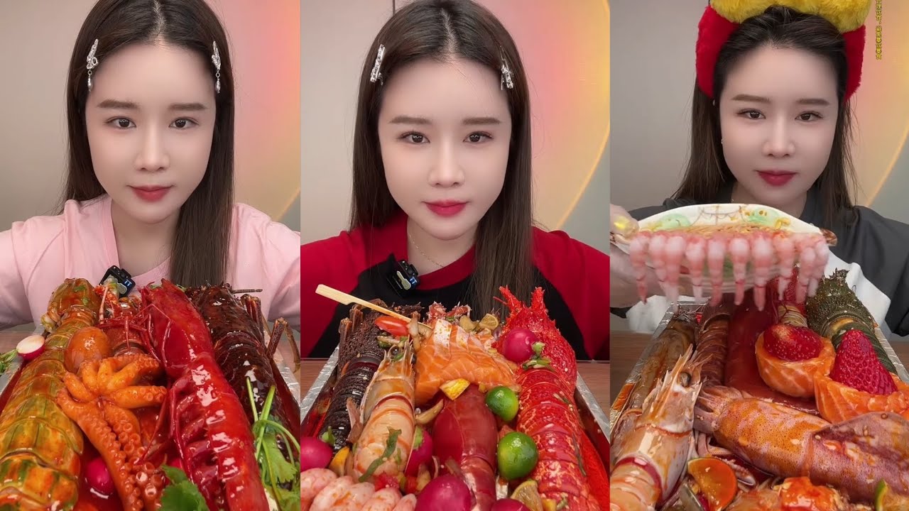 Yummy #35:Eat seafood 🦞😋 squid 🦑🐙 lobster 🦞 red devil shrimp 🍤🦐 salmon 