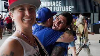 Yells cheers and Go Bills as fans enter Highmark Stadium for the first time