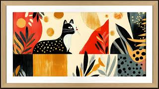 Cozy Boho Cat and Plants, Geometric Mid Century Modern Painting for Imagination & Creative Thinking
