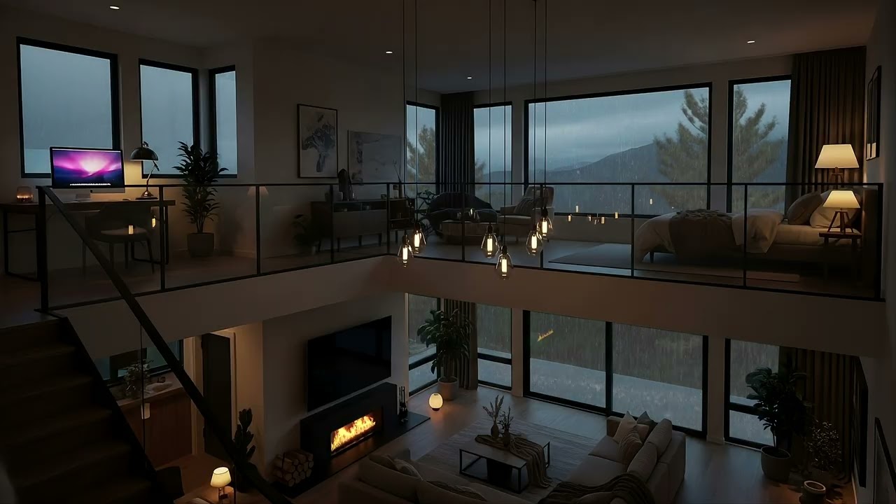 Rain Sounds for Sleeping | Modern Mountain Home (1 Hour) ⛰⛈