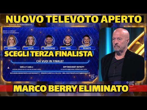 Video Grande fratello vip 2026 | Marco Berry eliminato | nuovo televoto aperto | scegli terzo finalista