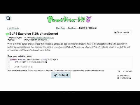 Java Practice It | Exercise 5.25: charsSorted | if, else, Boolean logic, method basics, return