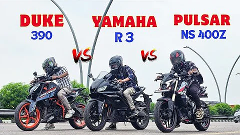 2025 Yamaha R3 vs Pulsar NS 400Z vs Duke 390 || Triple Race full throttle 😱😱 Duke power 💪🏻 ?