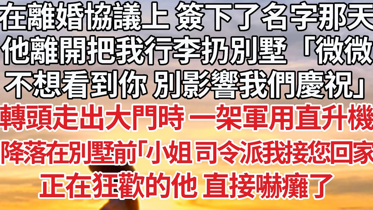 【完結】在離婚協議上 簽下了名字那天，他離開把我行李扔別墅「微微，不想看到你 別影響我們慶祝」轉頭走出大門時 一架軍用直升機，降落在別墅前「小姐 司令派我接您回家」正在狂歡的他 直接嚇癱了#婚姻