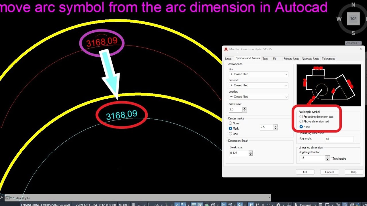 how to remove arc symbol from arc dimension in autocad إزالة رمز القوس ...