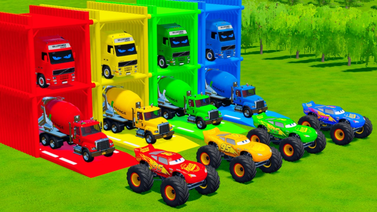 Garage with Colors - ALL MIXER TRUCK WITH DOUBLE FLATBED TRAILER TRUCK, MERCEDES, RENAULT - FS22