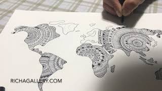 Zentangle / Mandala inspired easy World map drawing tutorial by richagallery