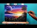 Sunset on the mountain city acrylic painting  nature drawing for beginners