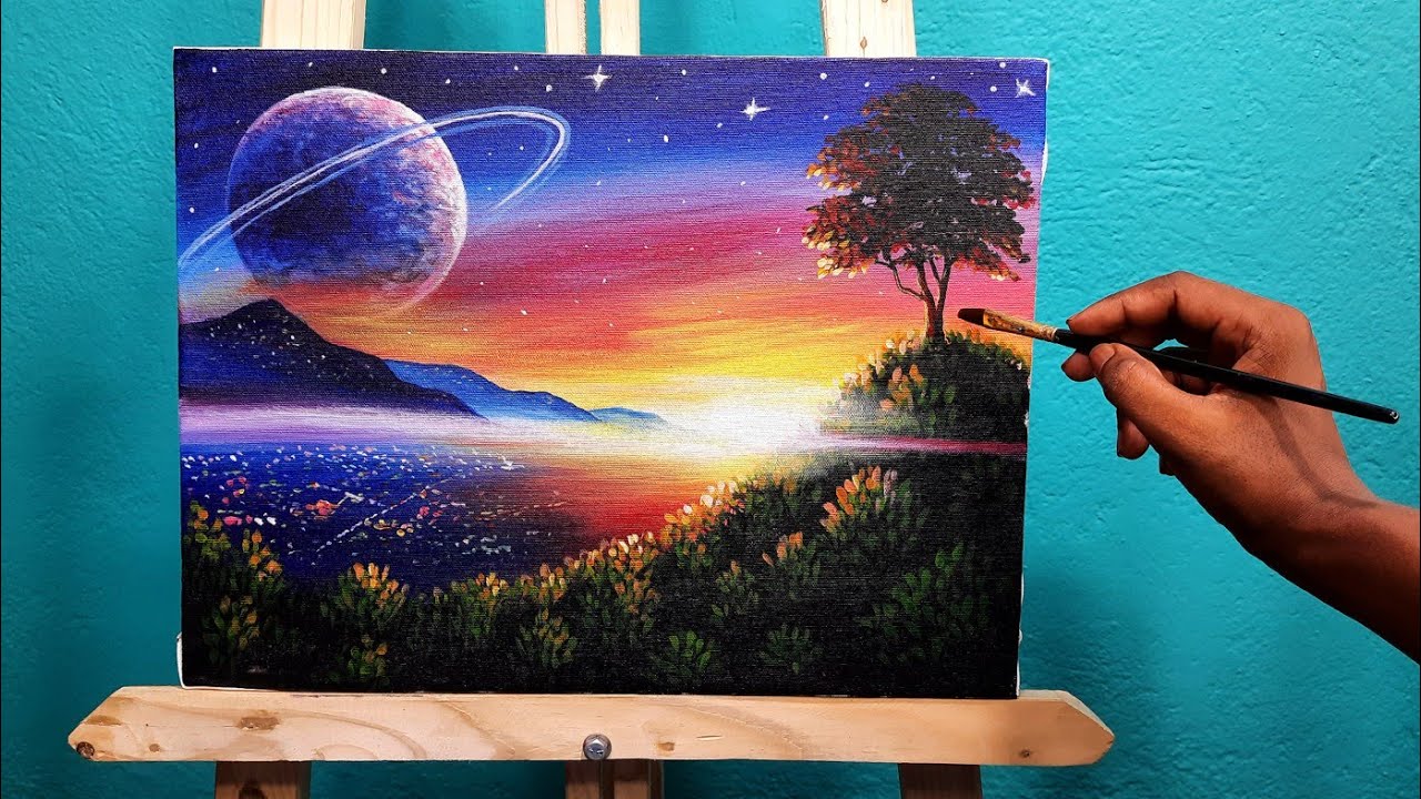 Sunset on the mountain city| Acrylic painting | nature drawing for ...