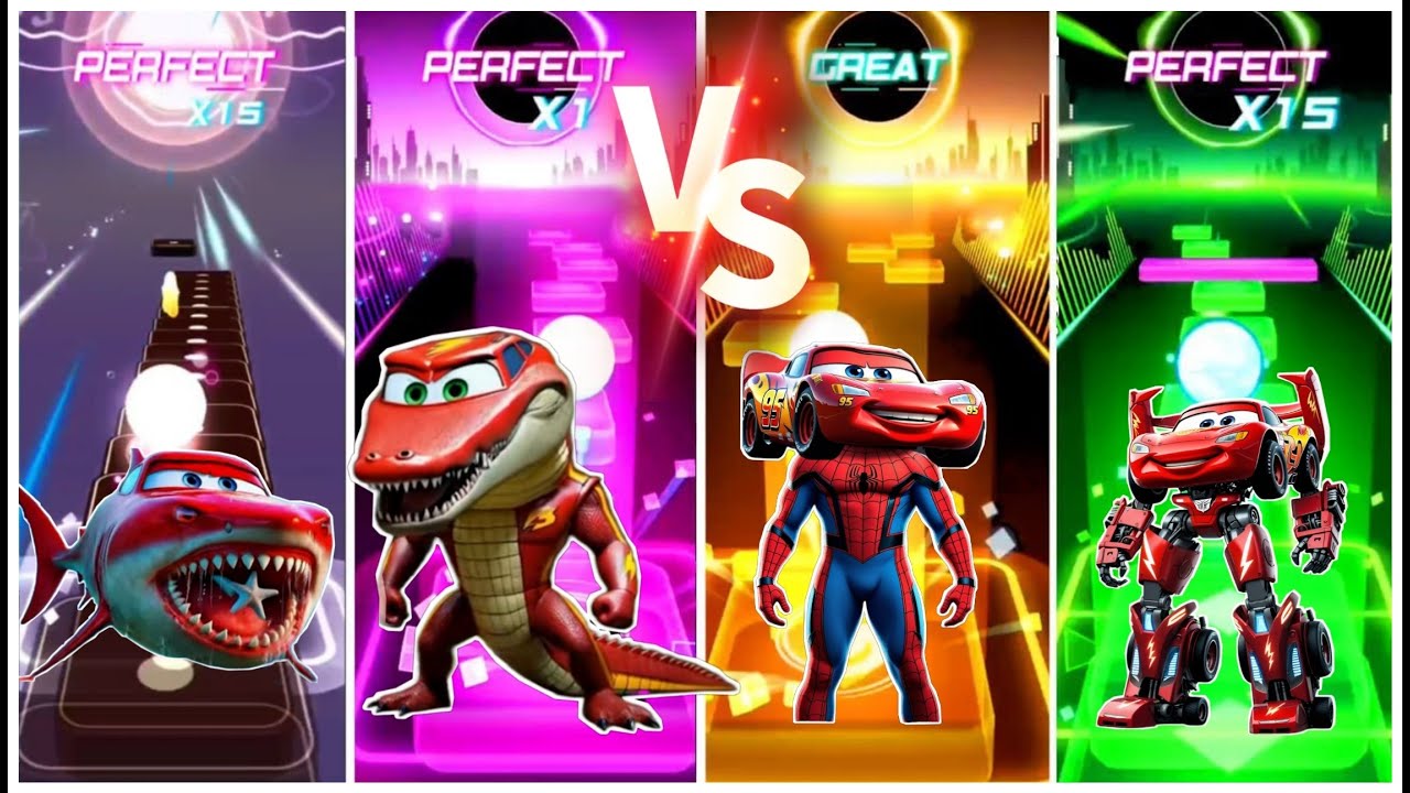 Lightning McQueen Evolution Battle – Tiles Hop Remix | Shark, Dino, Spiderman, Robot