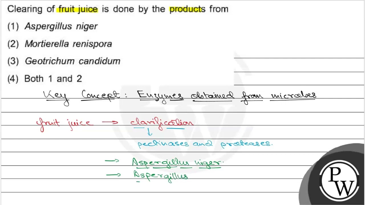 Clearing of fruit juice is done by the products from
(1) Aspergillus niger
(2) Mortierella renis...