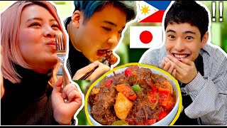 My Japanese friend try to eat Filipino Food!(Kaldereta, Leche Flan)| Fumiya