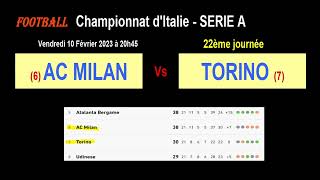 AC MILAN - TORINO : 22ème journée du championnat d'Italie, série A, match de football du 10/02/2023