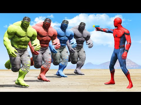 GTA 5 Spiderman Vs Red Hulk Vs Blue Hulk Vs Green Hulk Water Ragdolls Jumps/Fails (Funny Moments)